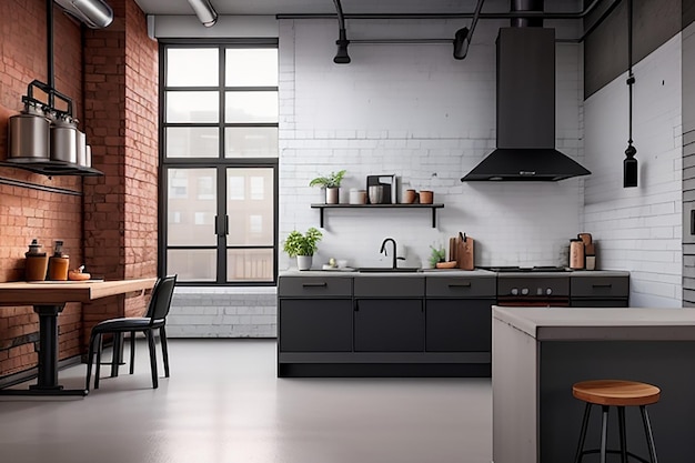 Minimalistische keuken met een vleugje industriële stijl met blootgestelde bakstenen muren betonnen muur