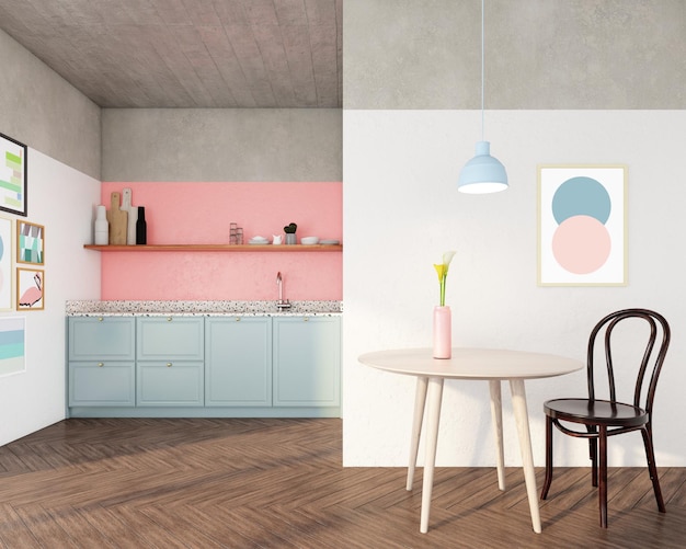 Minimalistische keukenruimte met blauwe pastelkleurige kasten en roze pastelkleurige muur 3D-rendering