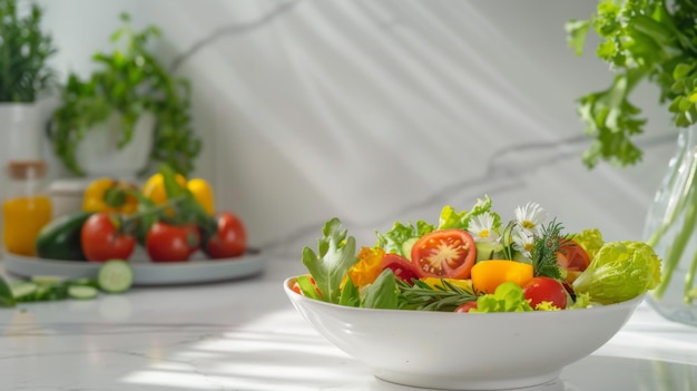 Minimalistische keukentafel met elegante kleurrijke saladebak