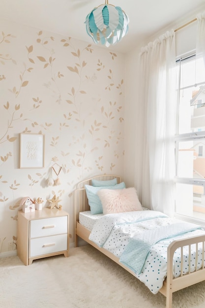 Foto minimalistische kinderkamer met beige muur