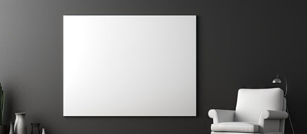 Minimalistische kunstplaats met donkere galerijruimte, lege witte poster, panoramisch raam, fauteuil, eiken vloer, tentoonstelling, salontafel