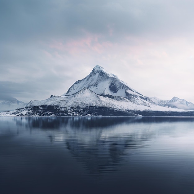 minimalistische landschapsfoto die de harmonieuze convergentie van de zee, de bergen en de sneeuw weergeeft