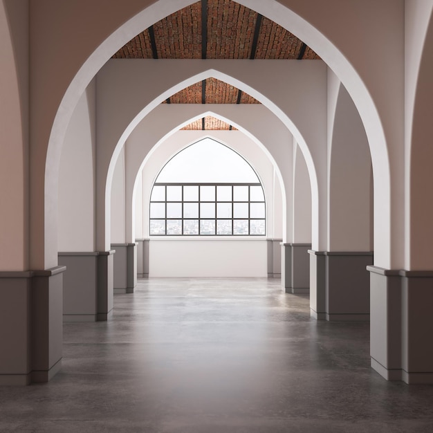 Minimalistische lege kamer interieur, wit midden van de eeuw concept, betonnen vloer, bogen. 3D-rendering
