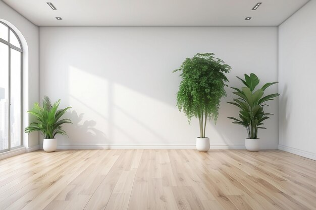 Minimalistische lege kamer met witte muren en houten vloer en binnengroene planten 3d