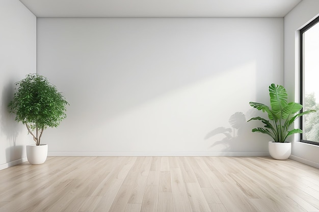 Minimalistische lege kamer met witte muur en houten vloer en binnengroene planten 3d rendering