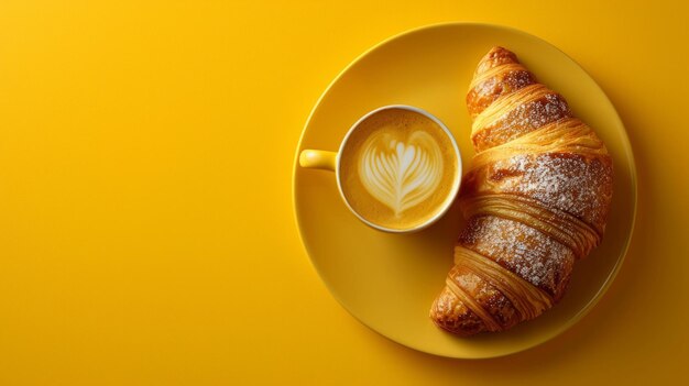 Foto minimalistische levendige advertentie achtergrond met koffie en croissant kopie ruimte