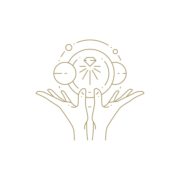 Minimalistische menselijke handen die een heldere juweel vasthouden natuurlijke ruimte planeet esoterische decoratieve ontwerp lijn icoon vector illustratie Monochrome armen oefenen antieke magie occultisme sterrenstelsel universum harmonie