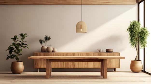 Minimalistische milieuvriendelijke eetruimte met handgemaakte houten tafel