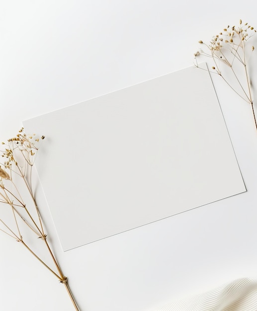 Minimalistische mockup witte uitnodigingskaart met droge bloemen op wit