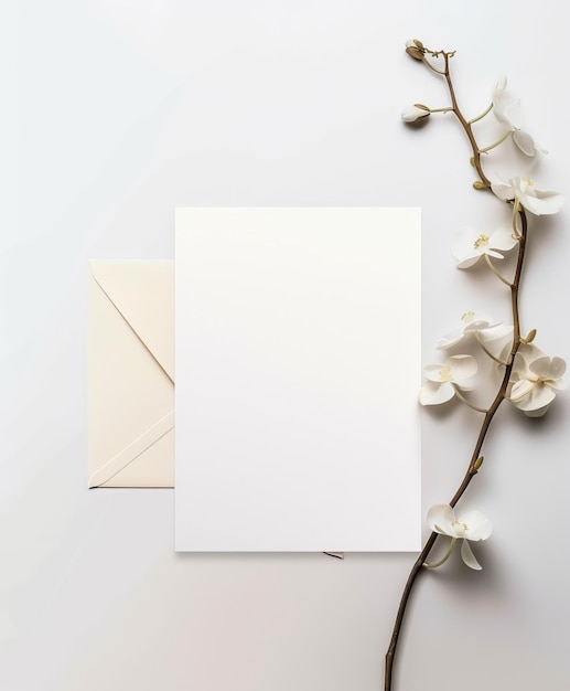 Minimalistische mockup witte uitnodigingskaart met droge bloemen op wit