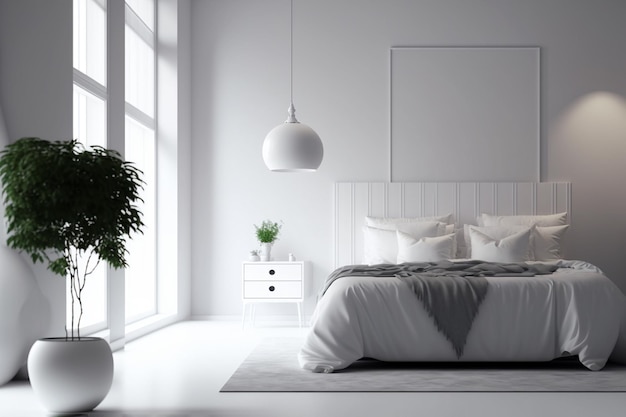 Minimalistische moderne witte slaapkamer Gezellige witte en grijze kamer minimaal concept bed met veel kussens witte muren en groene planten 3D-rendering AI gegenereerde afbeelding