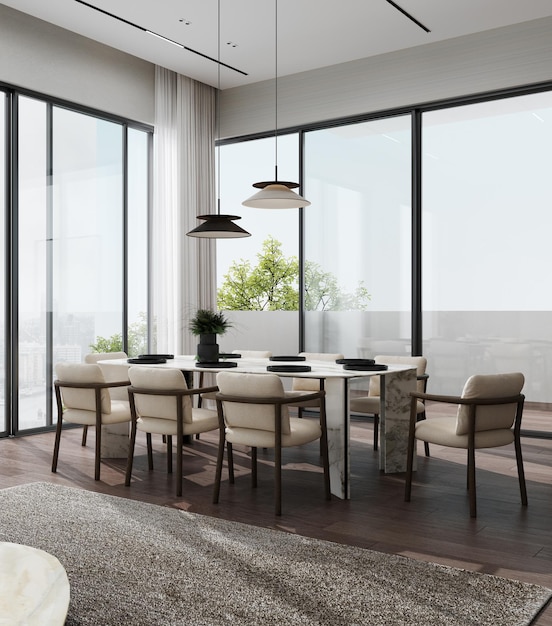 Minimalistische moderne woonkamer interieur achtergrond met tafel woonkamer mock-up in Scandinavische stijl eetzaal 3D rendering