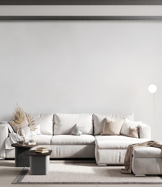 Minimalistische moderne woonkamer interieur achtergrond woonkamer mock up in scandinavische stijl lege witte muur mockup 3d-rendering