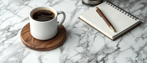 Minimalistische ochtendkoffie-versterker opstelling voor notebook