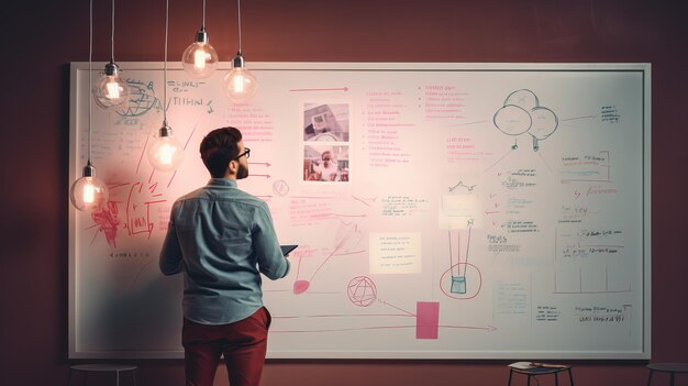 Minimalistische opname van iemand die brainstormt op een glazen whiteboard, door AI gegenereerde illustratie