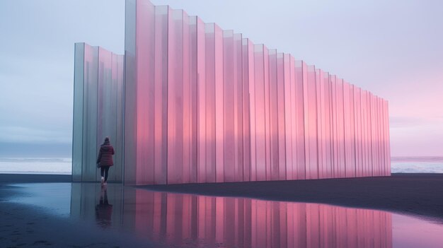 Minimalistische parametrische architectuur met zachte kleuren installaties in Reynisfjara