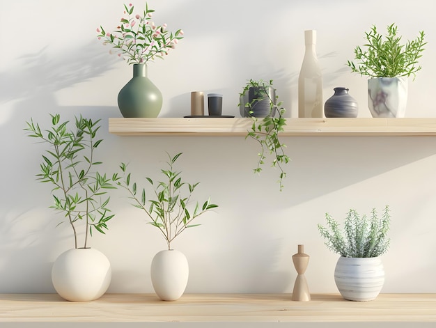 Minimalistische planken met decoratieve vazen Ai gegenereerd