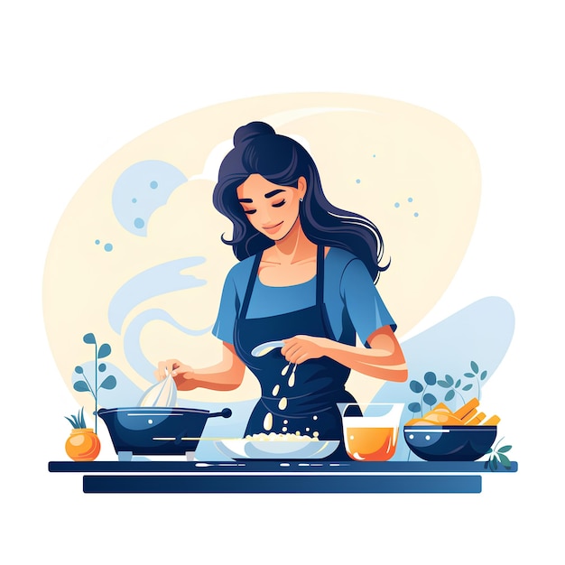 minimalistische platte vectorstijl van een vrouw die kookt, bakt en voedsel eet illustratie