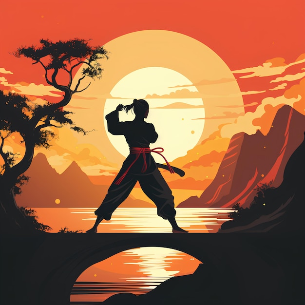 minimalistische platte vectorstijl van een vrouw die vechtsporten karate amp jiujitsu fitnessoefening beoefent