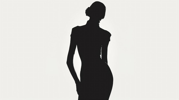 Minimalistische poster met silhouet van een vrouw in een slanke zwarte jurk tegen een witte achtergrond die elegantie en eenvoud in het ontwerp uitstraalt