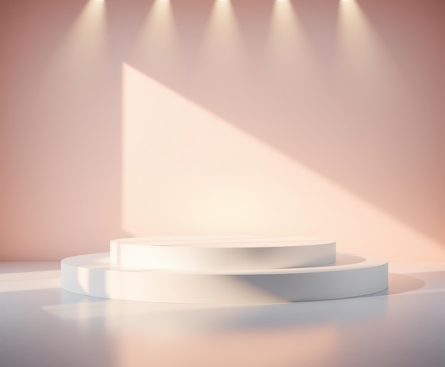 Minimalistische productdisplay met wit platform en zachte roze achtergrond