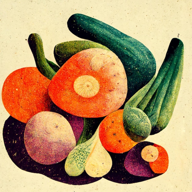 Foto minimalistische retro illustratie met groenten en fruit