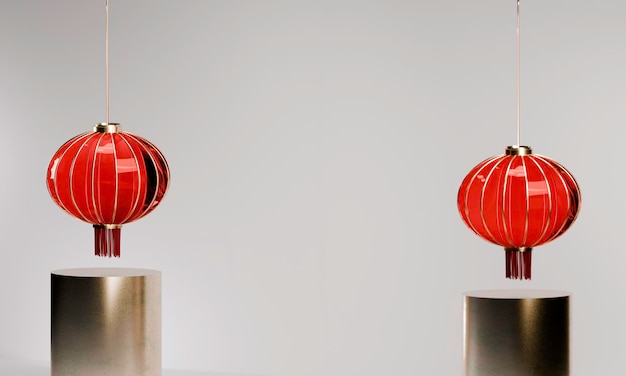 Minimalistische rode en gouden Lunar New Year Lanterns opgehangen boven gouden voetstukken