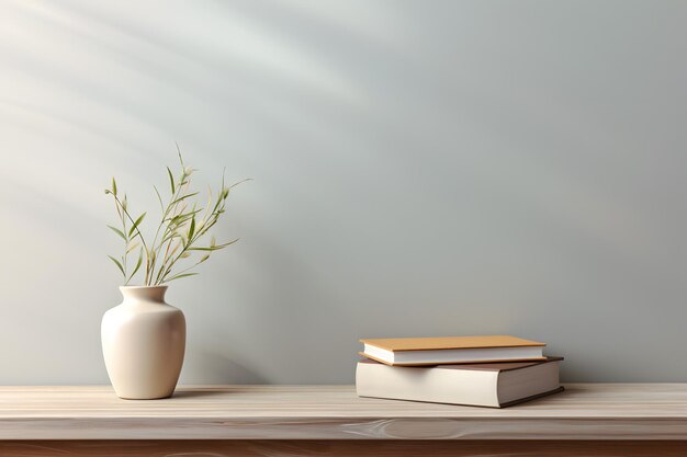 Foto minimalistische samenstelling van het interieur van de woonkamer met kopieerruimte houten strepen commode boeken glas