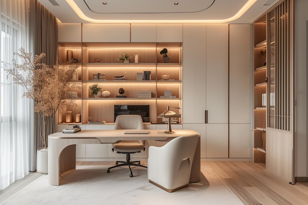 Minimalistische Scandinavische interieur Huis kantoor kamer planten in vaas Huis werkstation stoel en bureau Co