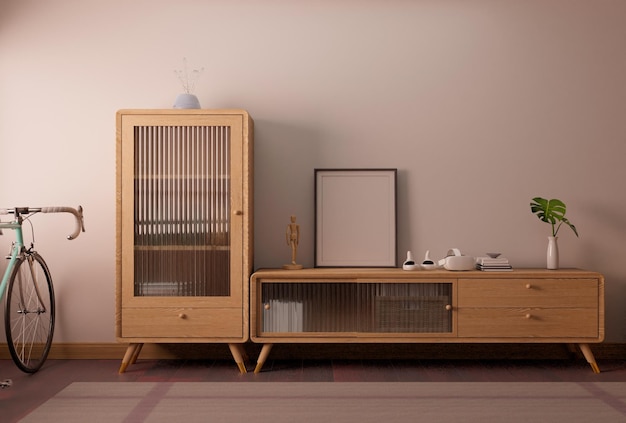 Minimalistische Scandinavische woonkamer met mockup in houten en witte interieurstijl op houten kast