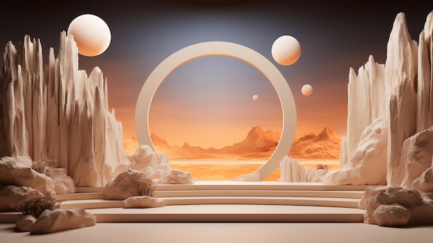 Minimalistische scène met ballonnen en zandduinen Product opgenomen in licht oranje en witte kleuren AI