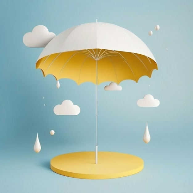 Minimalistische scène zwevende blauwe paraplu over abstracte gele achtergrond met witte wolken en vliegende objecten Generatieve AI