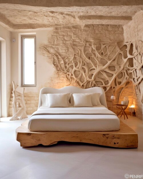 Minimalistische slaapkamer met gebeeldhouwde muren