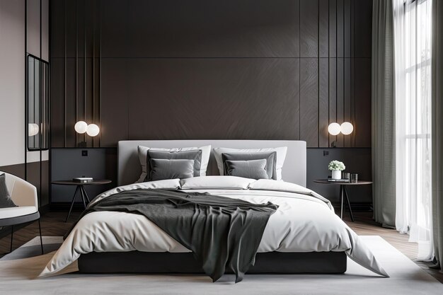 Minimalistische slaapkamer met strak hoofdeinde en luxe beddengoed