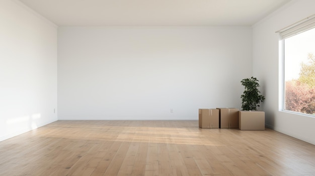 Minimalistische Staging Lege Witte Kamer Met Houten Vloer En Witte Dozen