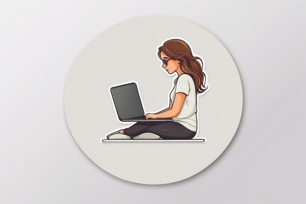 minimalistische sticker logo vrouw zit in een laptop eenvoudige schattige stijl cartoon witte achtergrond