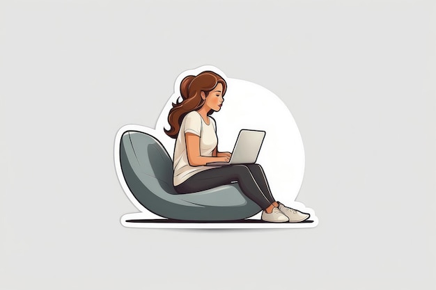 minimalistische sticker logo vrouw zit in een laptop eenvoudige schattige stijl cartoon witte achtergrond