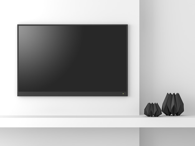 Foto minimalistische stijl leeg tv-scherm mockup 3d renderversieren met zwarte dimond-vormige vazen