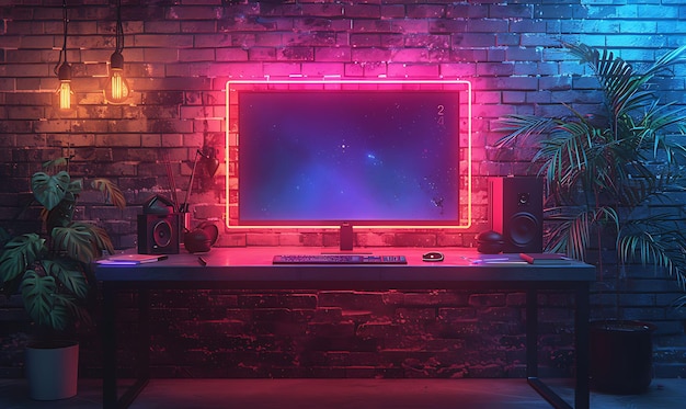 Foto minimalistische studeerkamer met een slank bureau en minimalistische artwo interieurkamer neon light vr concept