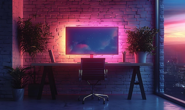 Foto minimalistische studeerkamer met een slank bureau en minimalistische artwo interieurkamer neon light vr concept