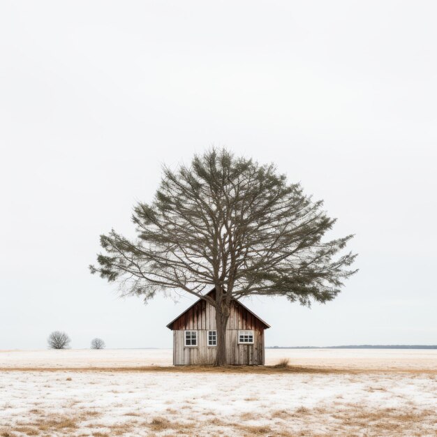 Foto minimalistische voorkant van een cypressenboom naast een kleine blokhut in een winterlandschap