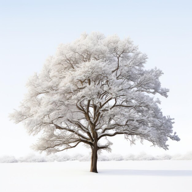 Minimalistische voorkant van een met sneeuw beladen Rowan-boom