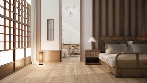 Minimalistische wabi sabi interieur mock up design kamer muji sytle 3D-rendering