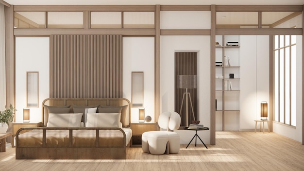 Minimalistische wabi sabi interieur mock up design kamer muji sytle 3d-rendering