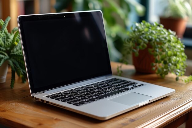 Minimalistische werkruimte met laptop en planten