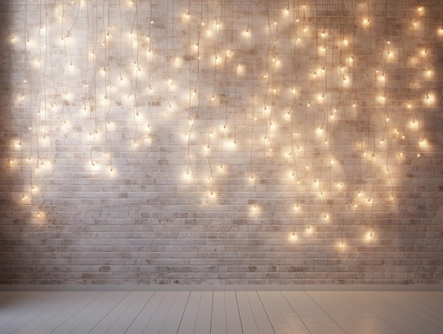 Foto minimalistische witte bakstenen muur versierd met glinsterende kerstverlichting, perfect voor achtergrond