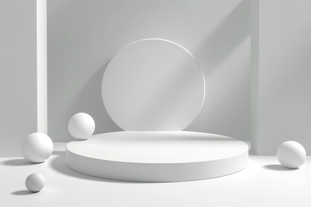 Minimalistische witte boog en podium met geometrische vormen Moderne 3D-rendering voor productvertoning