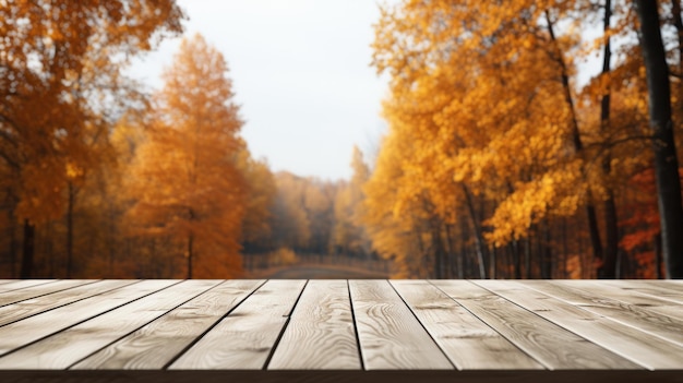 Minimalistische witte houten tafel met onscherpe achtergrond AI gegenereerd