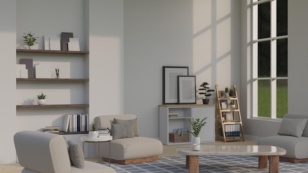 Minimalistische witte huis woonkamer met comfortabele bank salontafel ingebouwde planken interieur