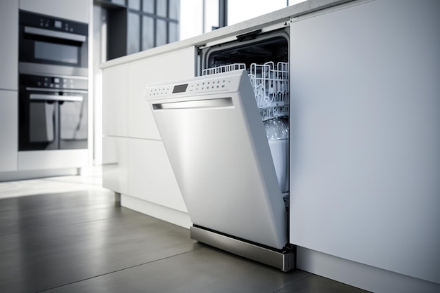 Minimalistische witte keuken met open vaatwasser